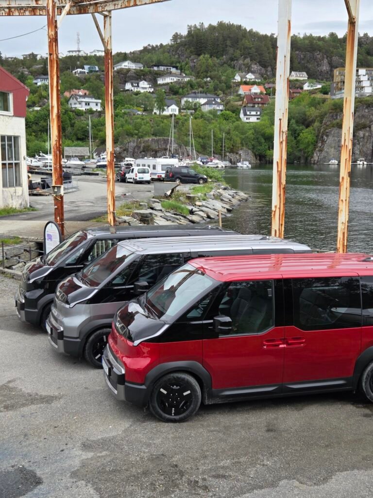 Row of parked vans along a waterfront with a rusted white metal frame in the foreground; hillside houses and boats in the background.