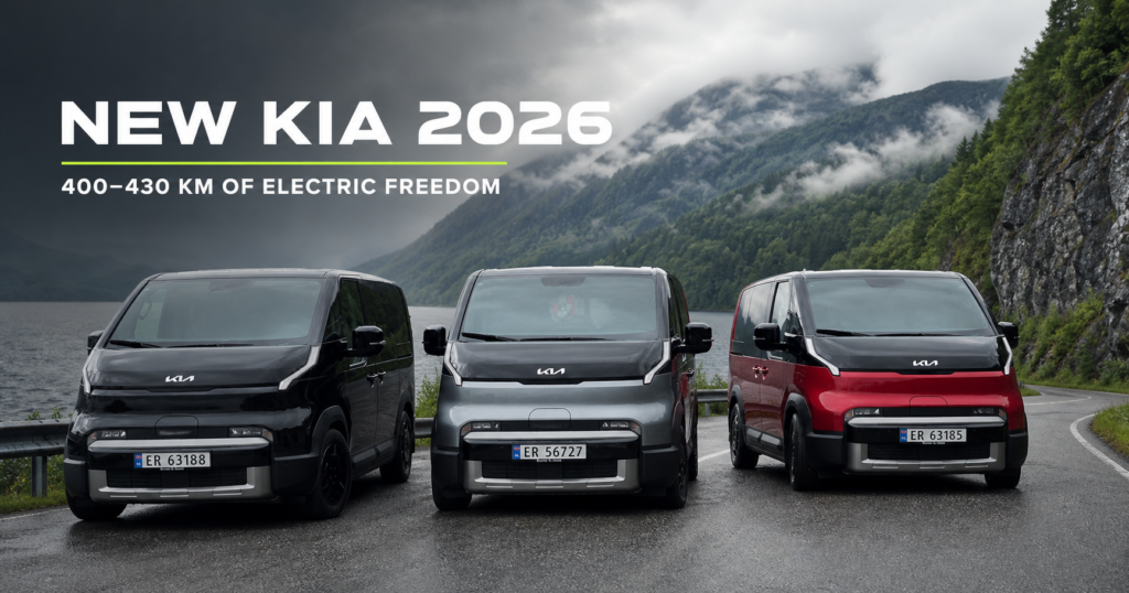 Three Kia electric vans lined up on a rainy mountain road with misty green cliffs; an ad headline reads “NEW KIA 2025” with a lime underline and the subtitle “400–430 KM OF ELECTRIC FREEDOM.”